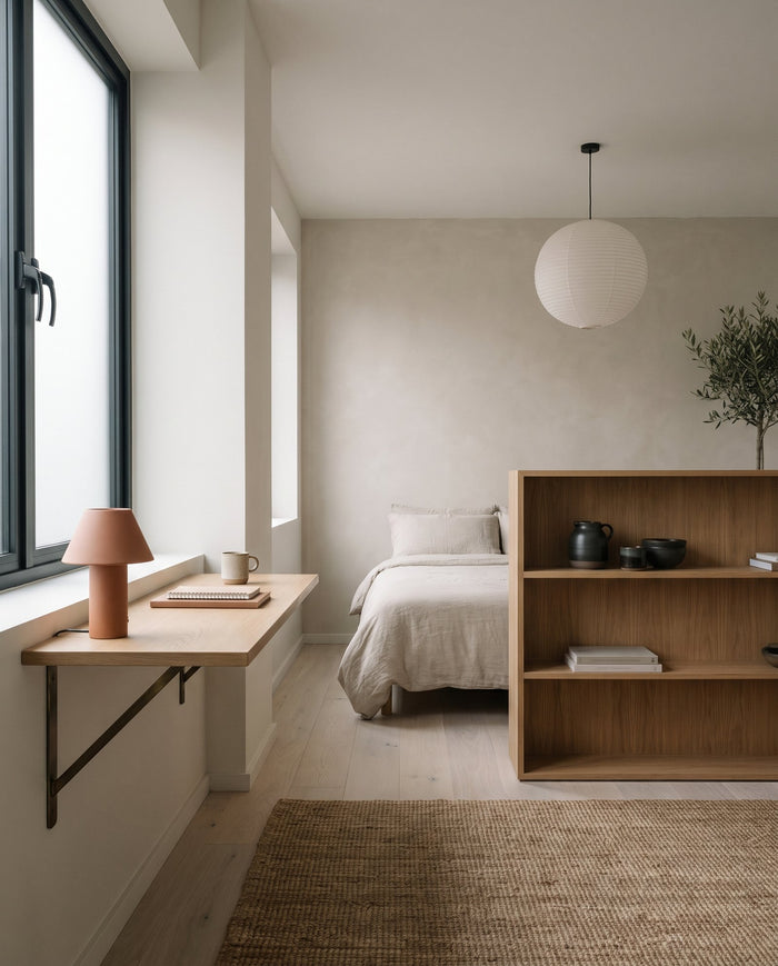 Compact studio condo where a console doubles as a desk and a low shelf divides sleeping from living