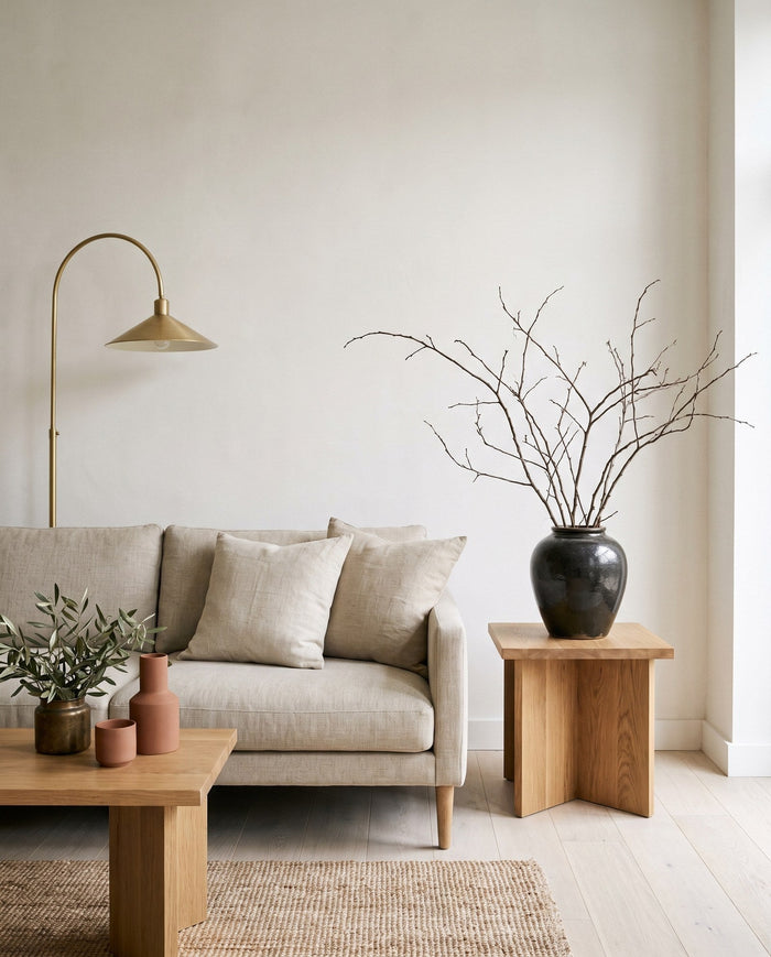 A cream sofa with linen cushions, a timber side table holding a dark ceramic vase, and a brass floor lamp