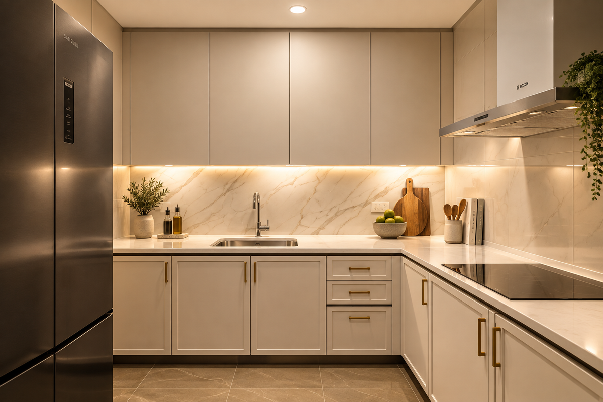 Compact L-shaped kitchen with cream cabinets, a marble-look splashback, light under the wall units and an extractor hood