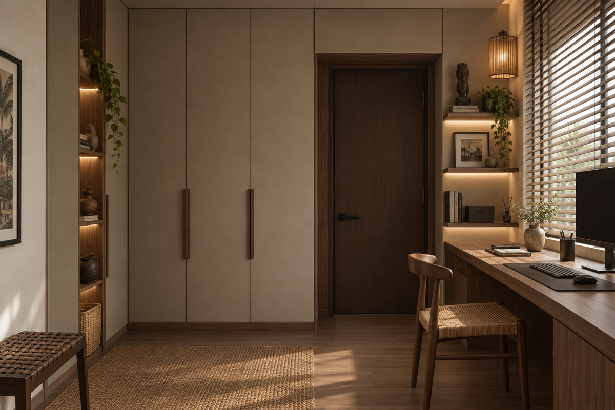 Taman Desa bedroom with fitted wardrobe, study nook and rattan chair