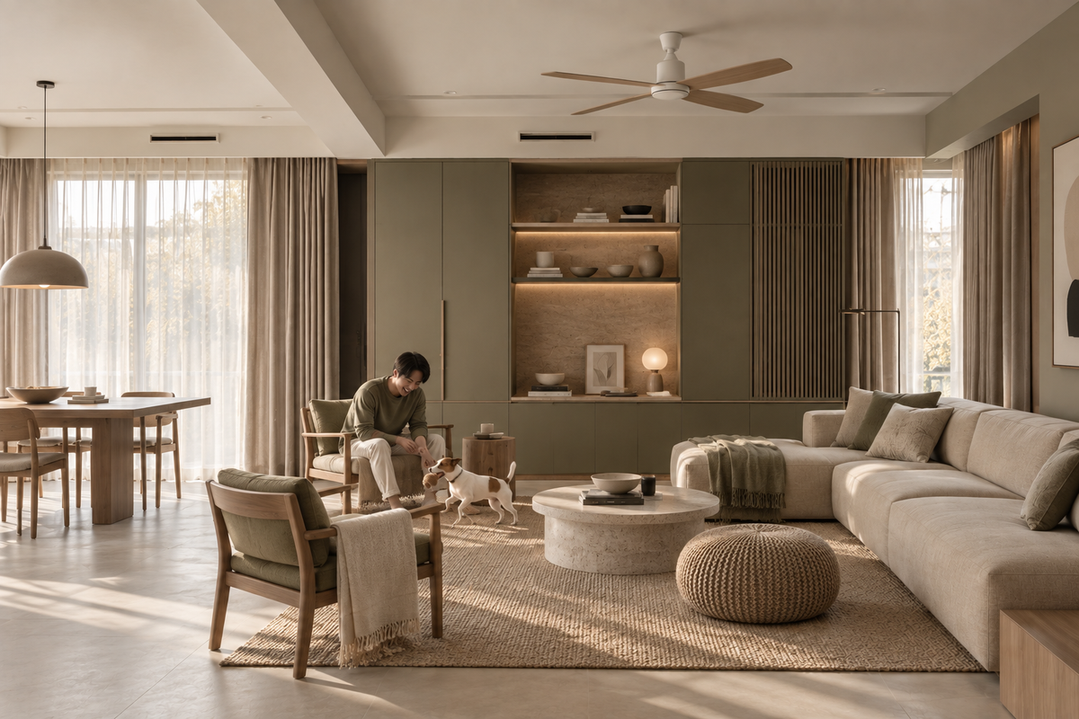 Desa ParkCity living and dining with sage joinery and garden light