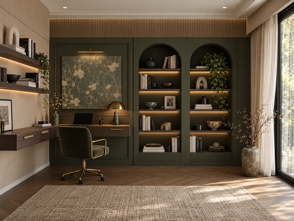 Bukit Tunku study with deep green joinery, arched niches and brass