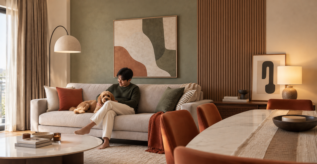 Kota Damansara living room in sage and terracotta with fluted timber