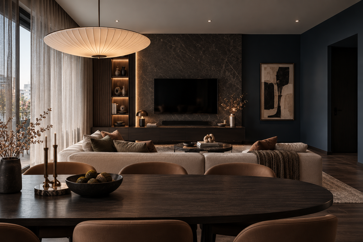 Mont Kiara living and dining with a marble feature wall
