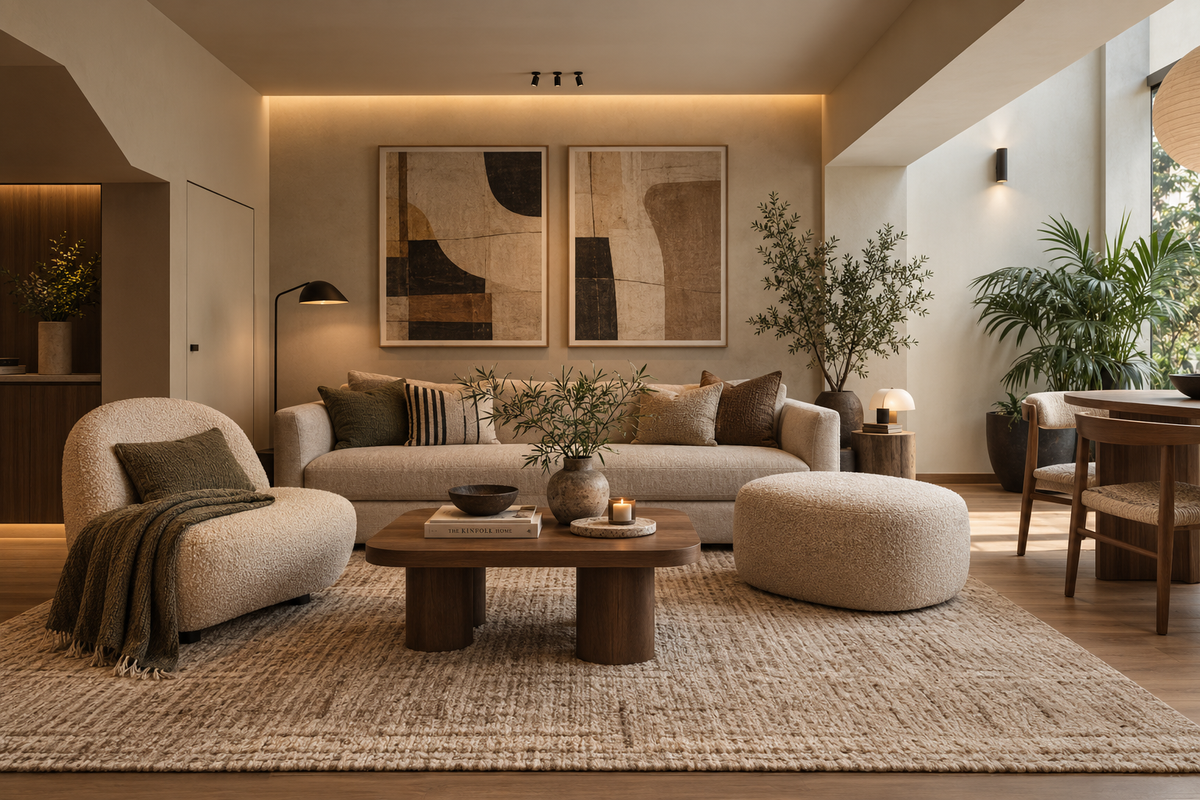 Neutral open-plan living and dining room in a Mont Kiara condo