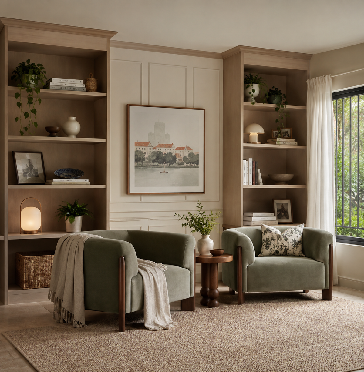 Damansara condo lounge with olive armchairs and styled bookshelves