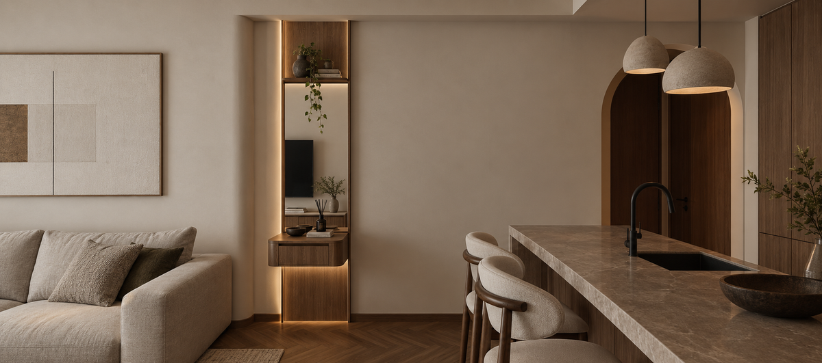 Living room opening onto a stone kitchen island with a sink and curved stools under two stone pendants, a lit timber niche on the wall and an arched walnut doorway beyond