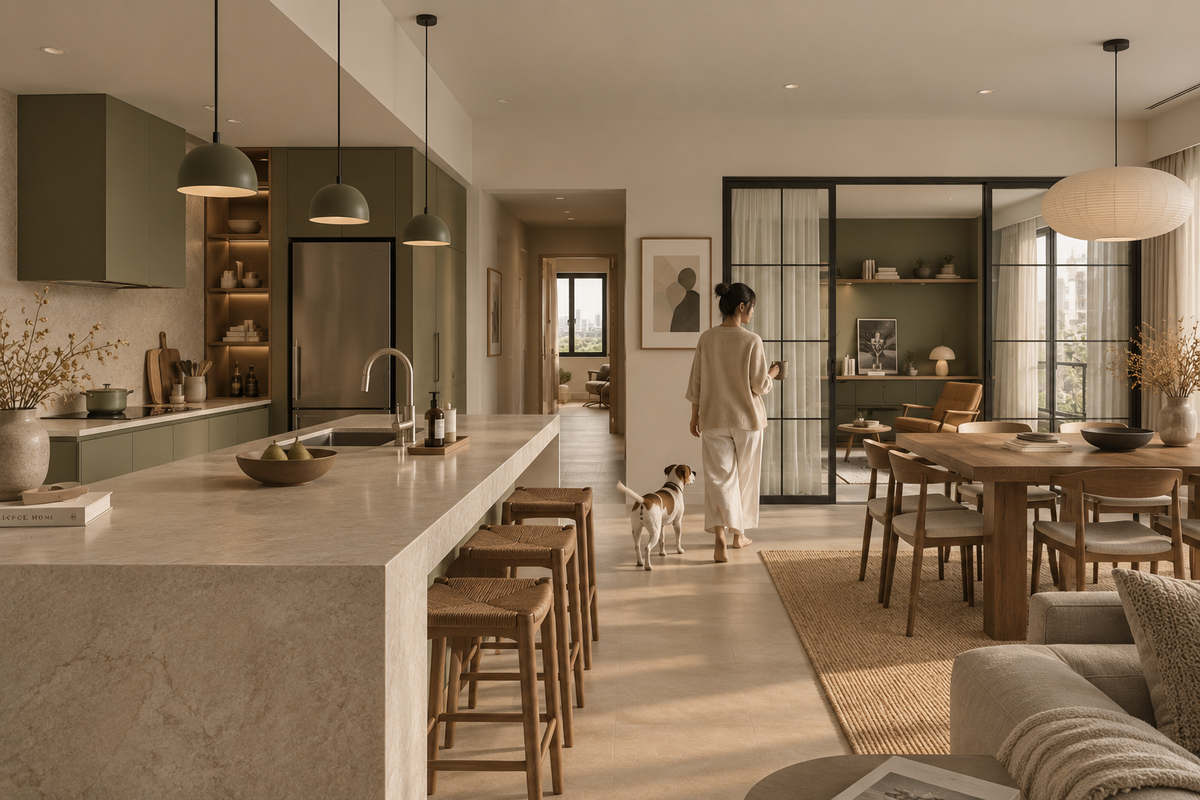 Damansara open-plan kitchen and dining with a glazed study beyond