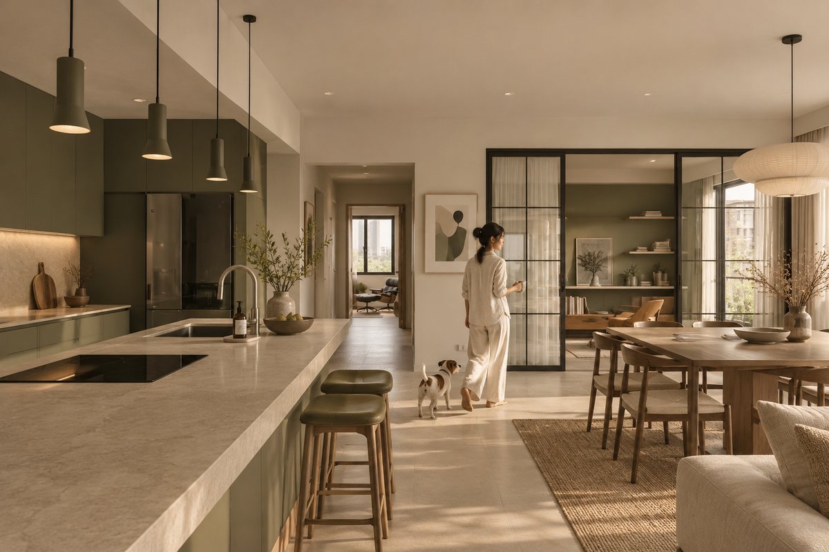 Subang Jaya sage kitchen with crittall doors and dining