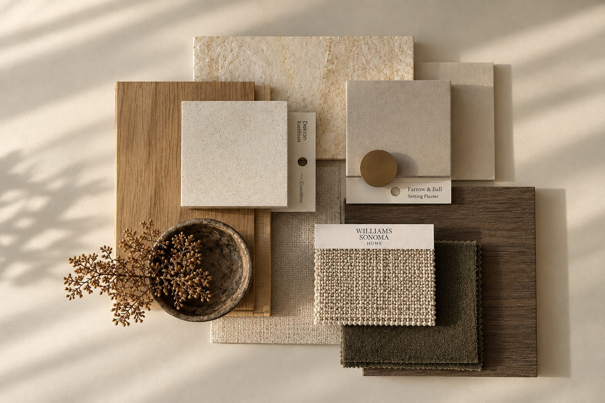 Finish samples laid out in afternoon light: pale stone, oak veneer, plaster, woven fabric and a brushed brass handle, beside a bowl of dried seed heads