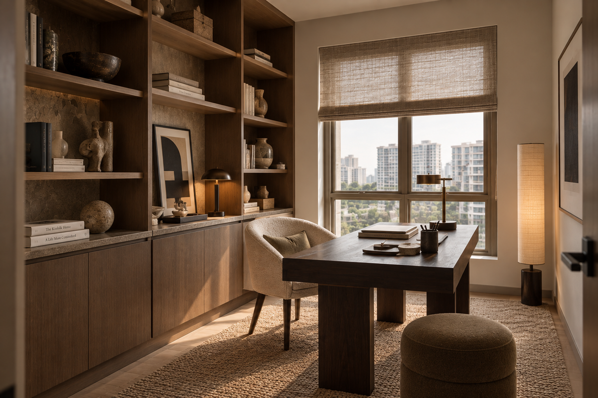 Bangsar South study with built-in shelving and a view over the towers