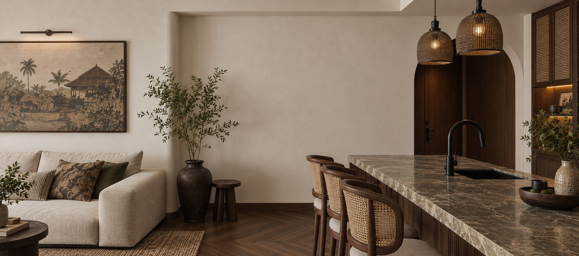 Dutamas living and kitchen with tropical artwork and rattan pendants