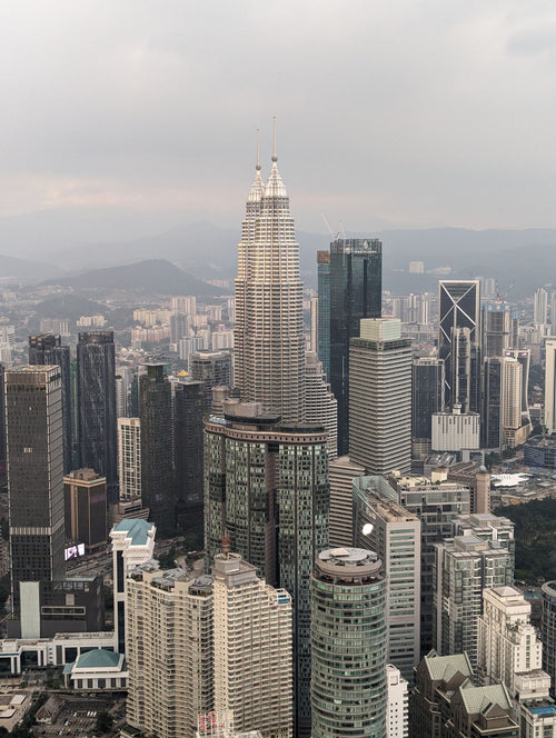 Aerial view of the Kuala Lumpur skyline with the Petronas Twin Towers