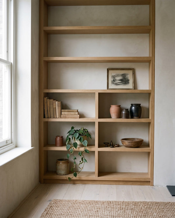 An open timber shelving unit holding books, ceramic vessels and a trailing plant in soft daylight