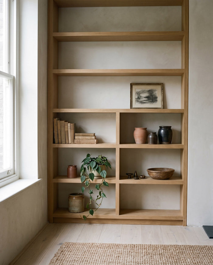 An open timber shelving unit holding books, ceramic vessels and a trailing plant in soft daylight