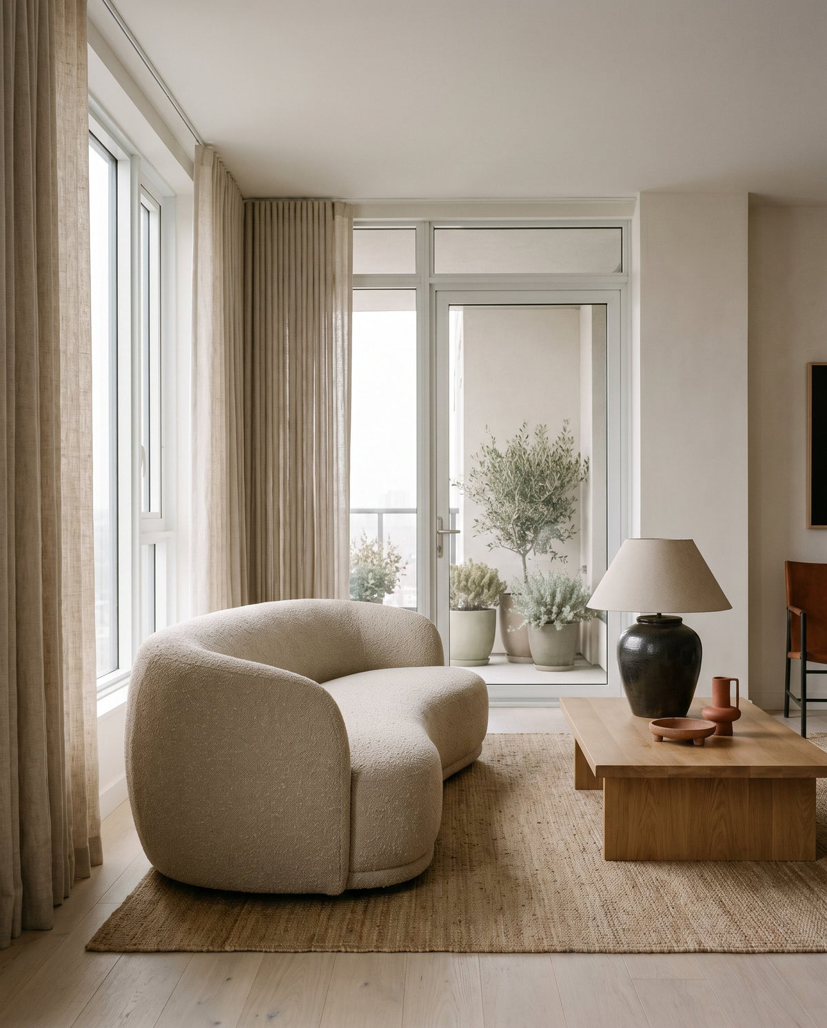 Well-finished condo living room with full-height linen curtains, a deep sofa and a planted balcony