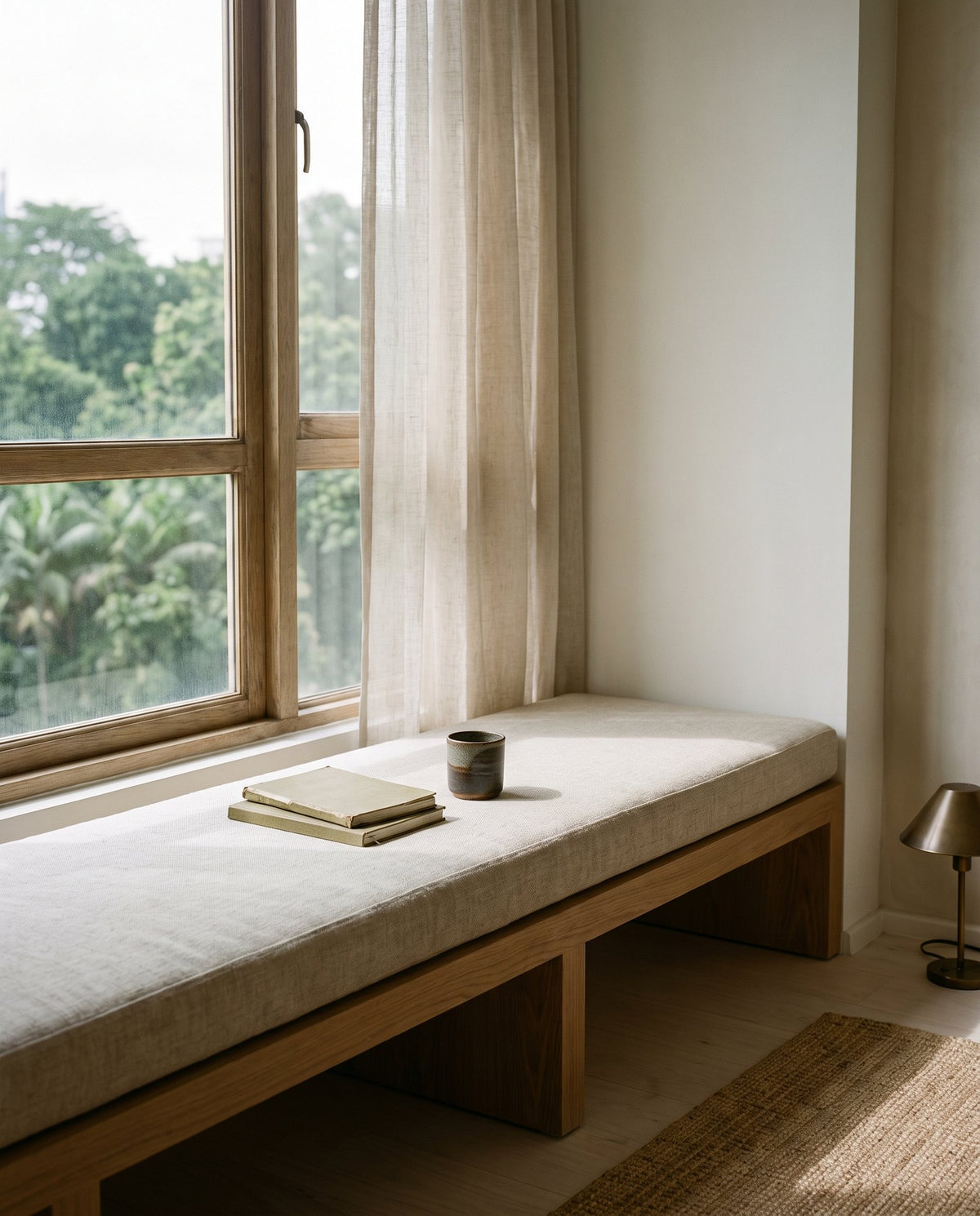 Window seat with linen cushion and notebooks, looking out over Kuala Lumpur treetops