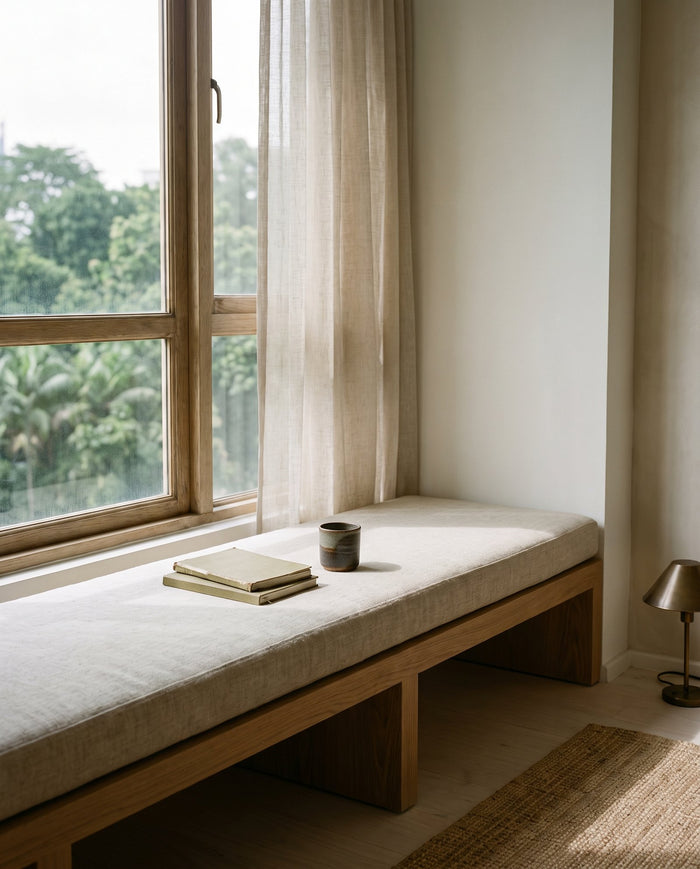 Window seat with linen cushion and notebooks, looking out over Kuala Lumpur treetops