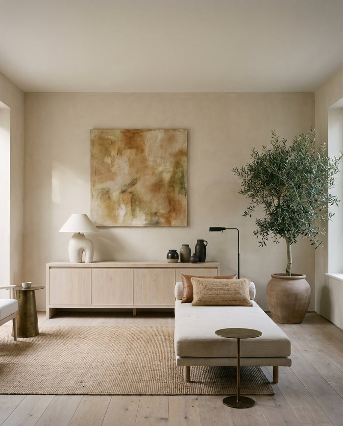 Carefully resolved living room with an oak credenza, sculptural lamp and olive tree in a clay pot