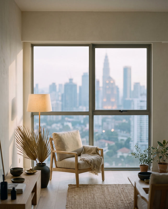 Calm Kuala Lumpur apartment interior looking out to a hazy city skyline at dusk