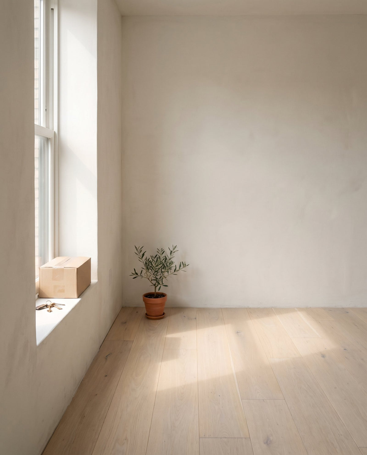 Empty new apartment on handover day with bare oak floors, one box and a set of keys on the sill