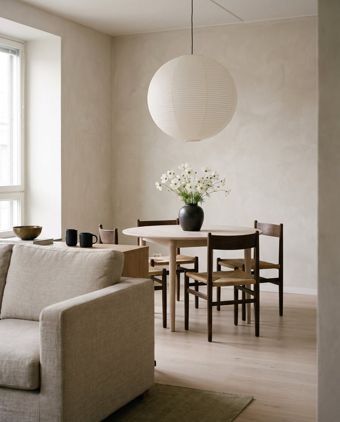 Dining zone of an open-plan condo with a low rice-paper pendant over a pale oak table