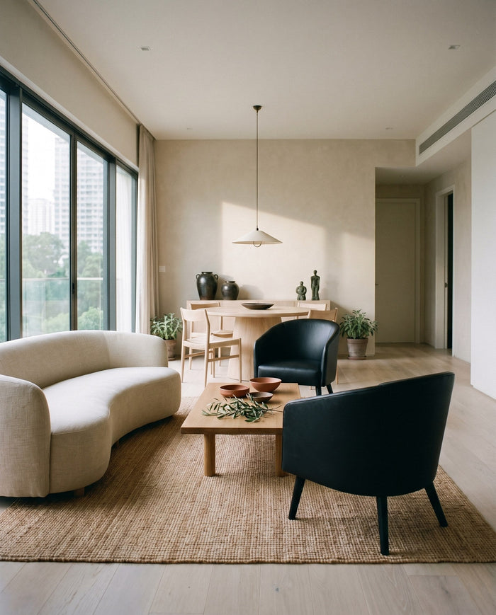 A Kuala Lumpur apartment living and dining space with a curved cream sofa, a dark green armchair and city glazing behind