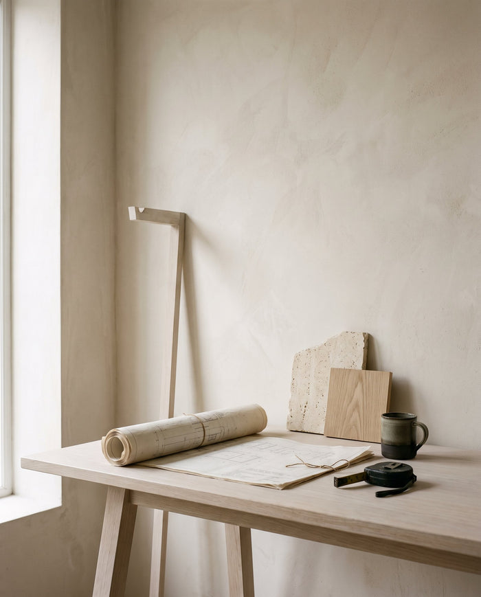 Technical drawings, a travertine offcut and a measuring tape laid out mid-renovation