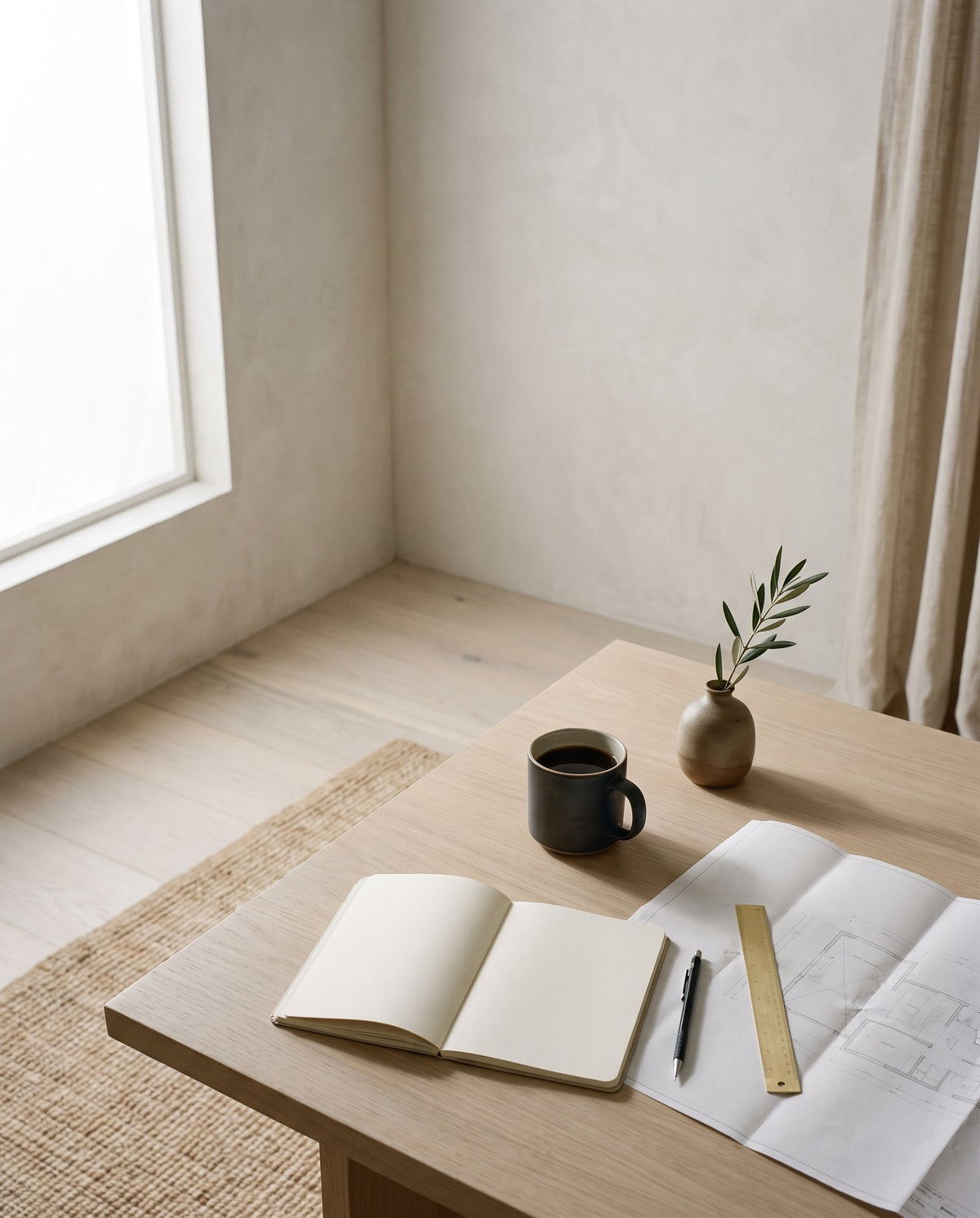 Interior designer's desk with a notebook, brass ruler and folded drawings while pricing a project