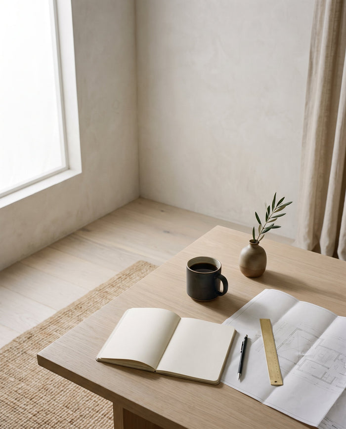 Interior designer's desk with a notebook, brass ruler and folded drawings while pricing a project