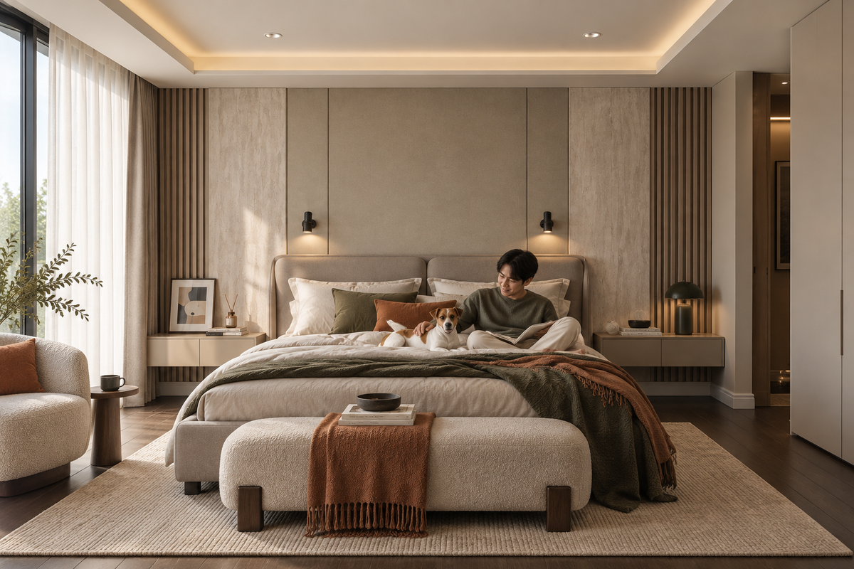Damansara Jaya bedroom with fluted headboard wall and fitted bedsides