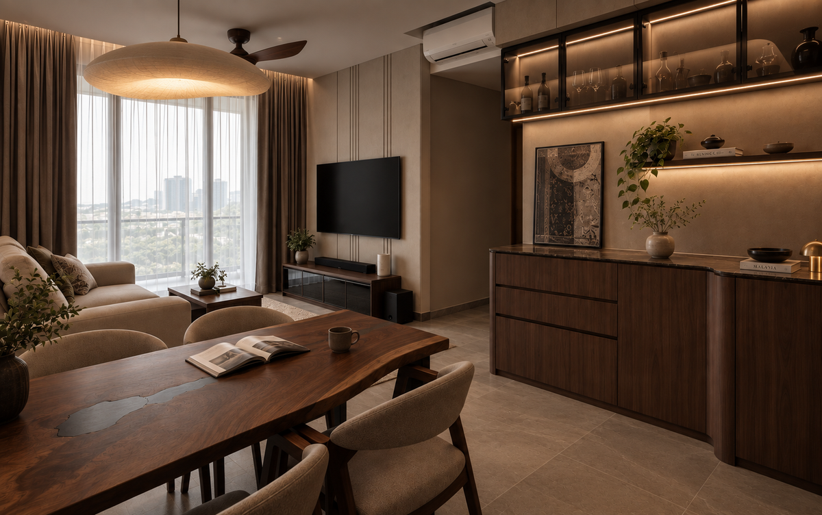 Malaysian condominium living and dining room with fluted TV wall and a city skyline view