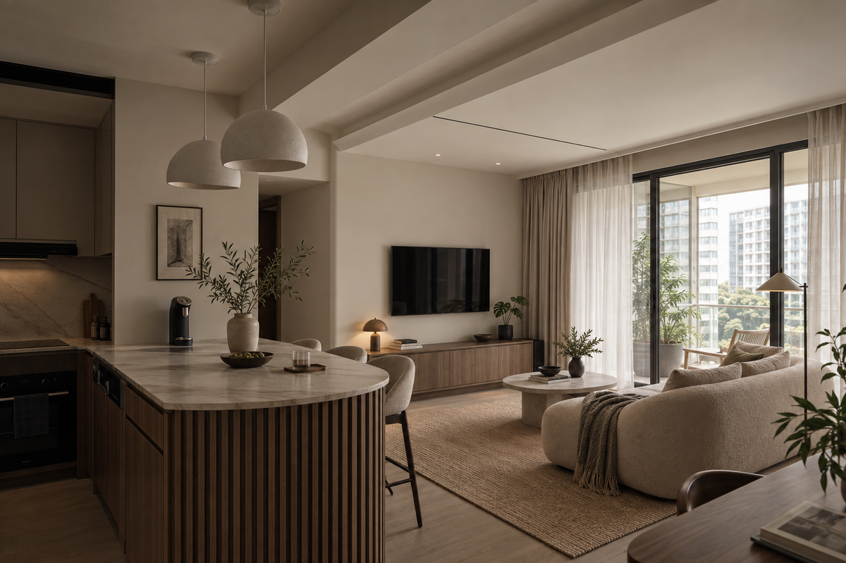 Ara Damansara condo open-plan living with curved marble island