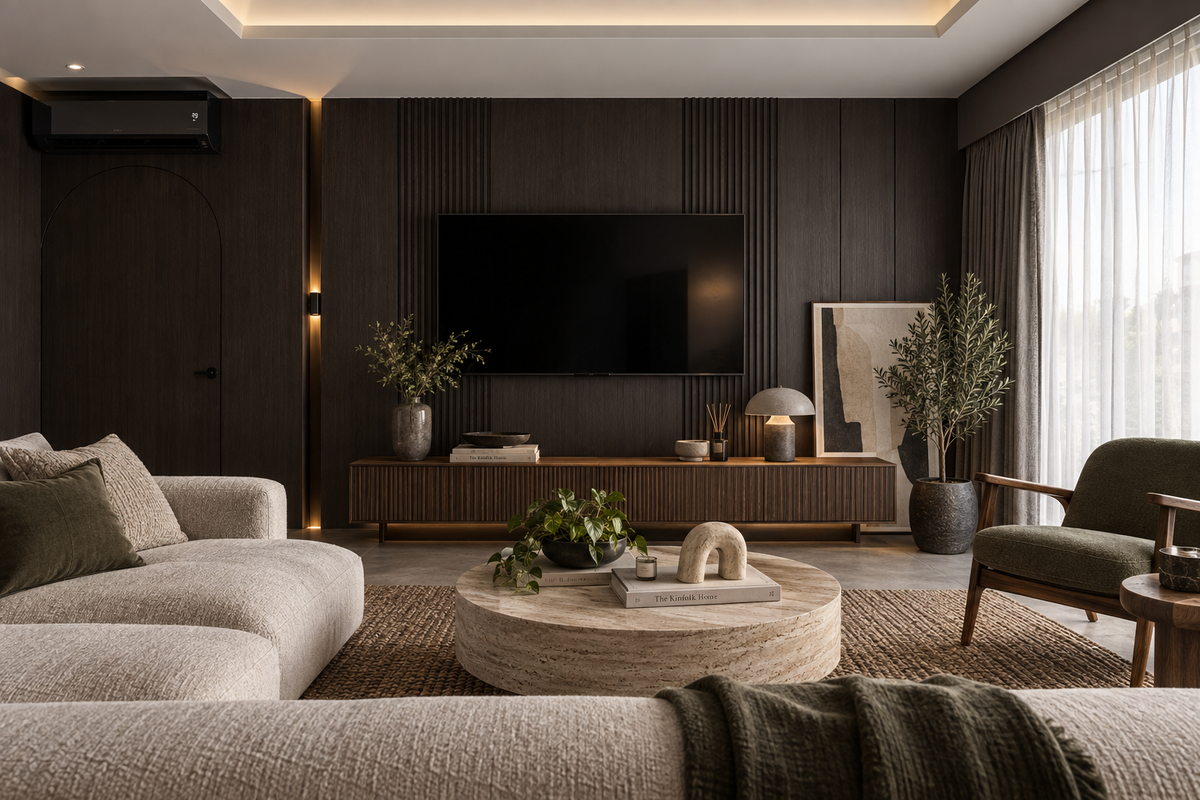 Seputeh lounge with dark fluted TV wall and travertine table