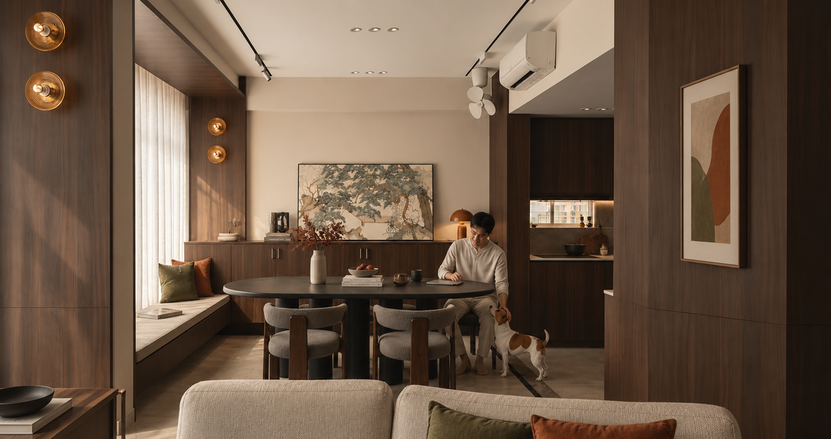 Kwasa Damansara dining with window seat and brass sconces