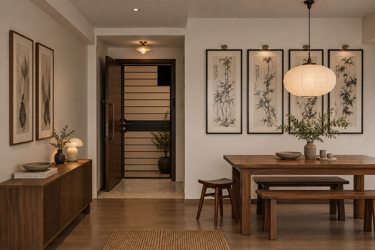 Ampang home entry and dining with ink-brush scrolls and paper lantern