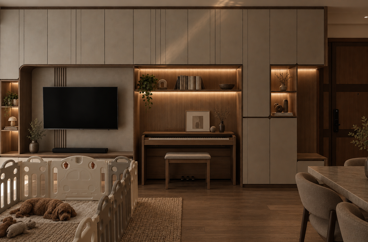 A family room with a wall of pale joinery: lit timber shelves with books and plants, a television, a piano in a lit niche, a playpen with a sleeping dog on a rug, and the edge of a dining table