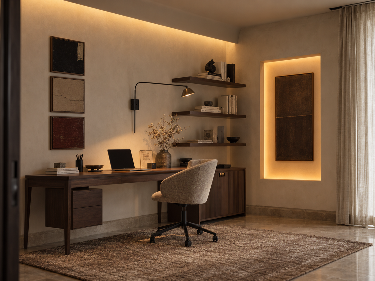 Damansara Perdana home office with walnut desk and backlit art niche