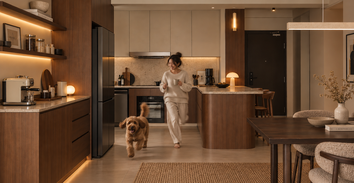 Puchong kitchen in walnut and terrazzo, morning light