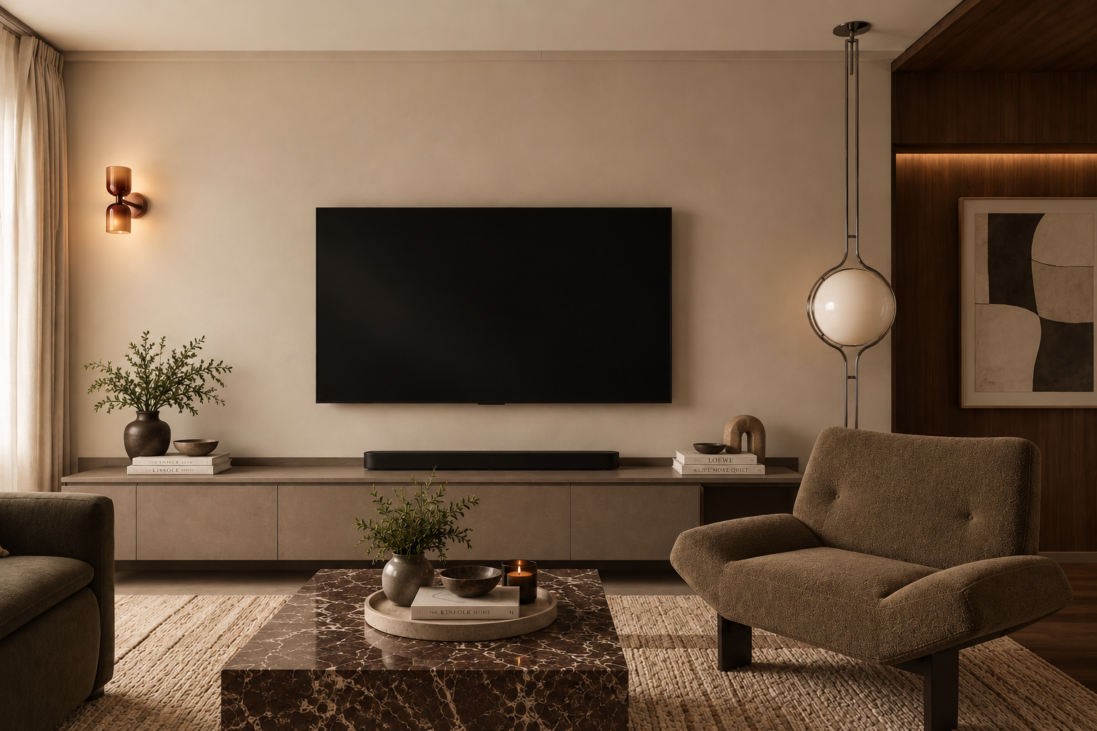 Petaling Jaya living room with fitted TV console and boucle armchair