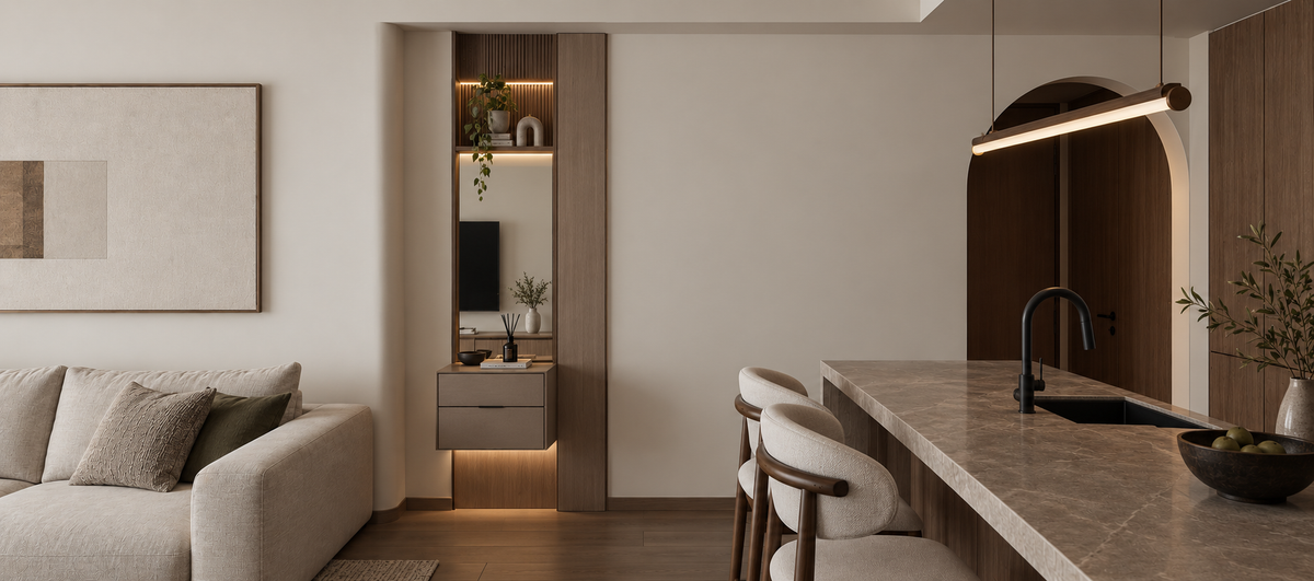 Damansara Utama open-plan living and kitchen with marble island