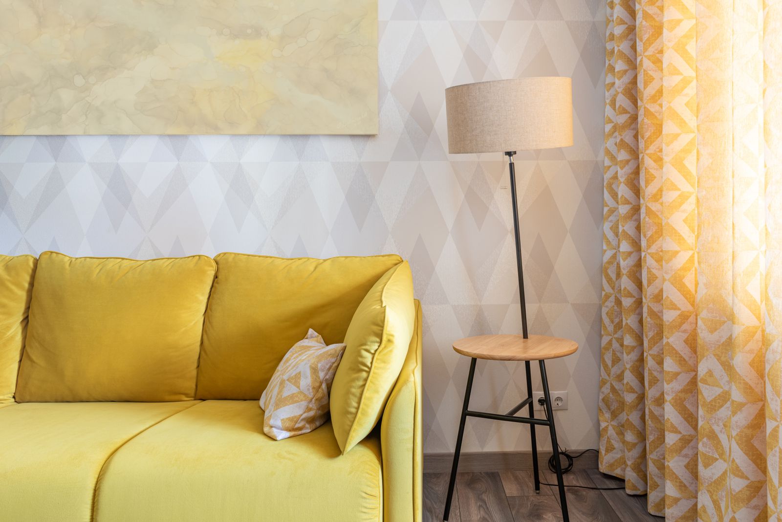 Modern living room interior with couch and floor lamp