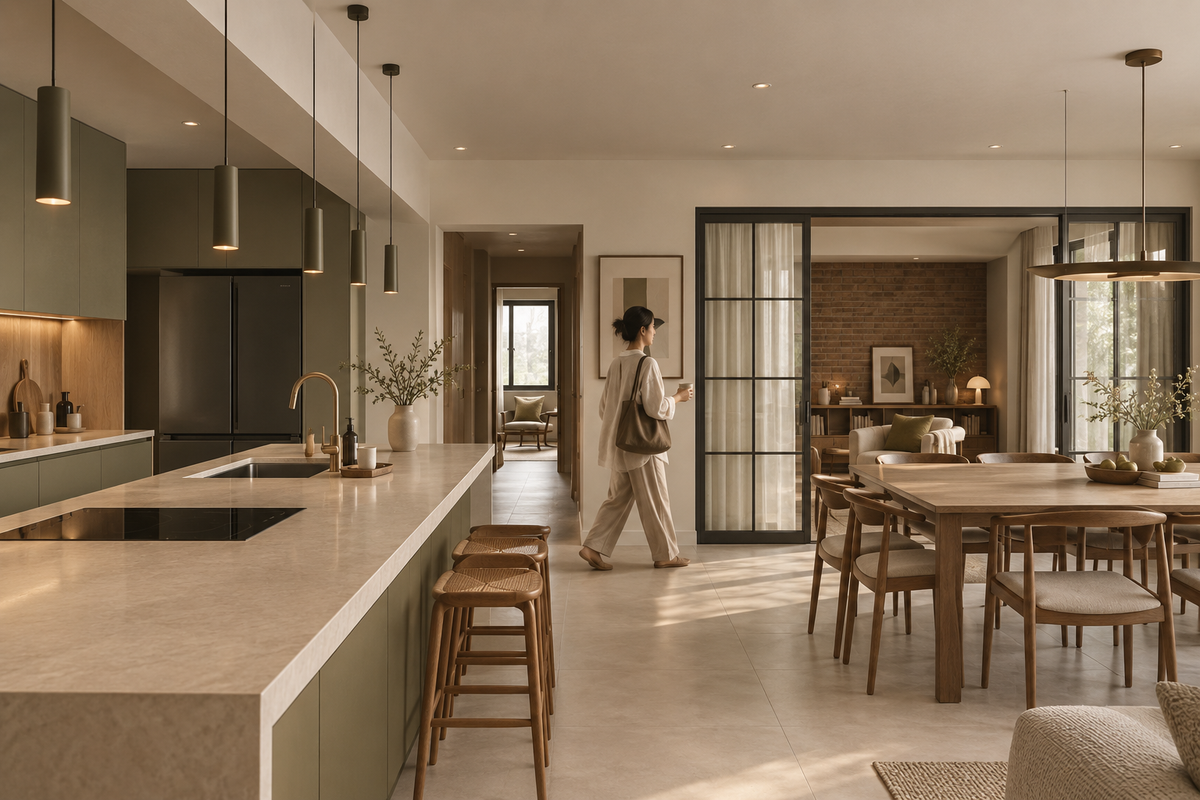 Bukit Jalil open-plan sage kitchen, island and dining