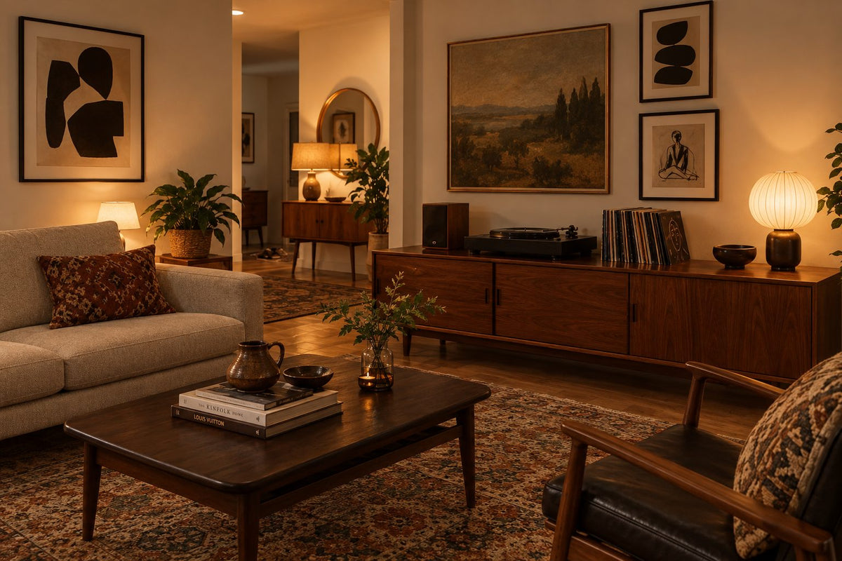 A living room in lamplight: a cream sofa, a walnut coffee table on a red rug, a record player on the sideboard and framed art above.