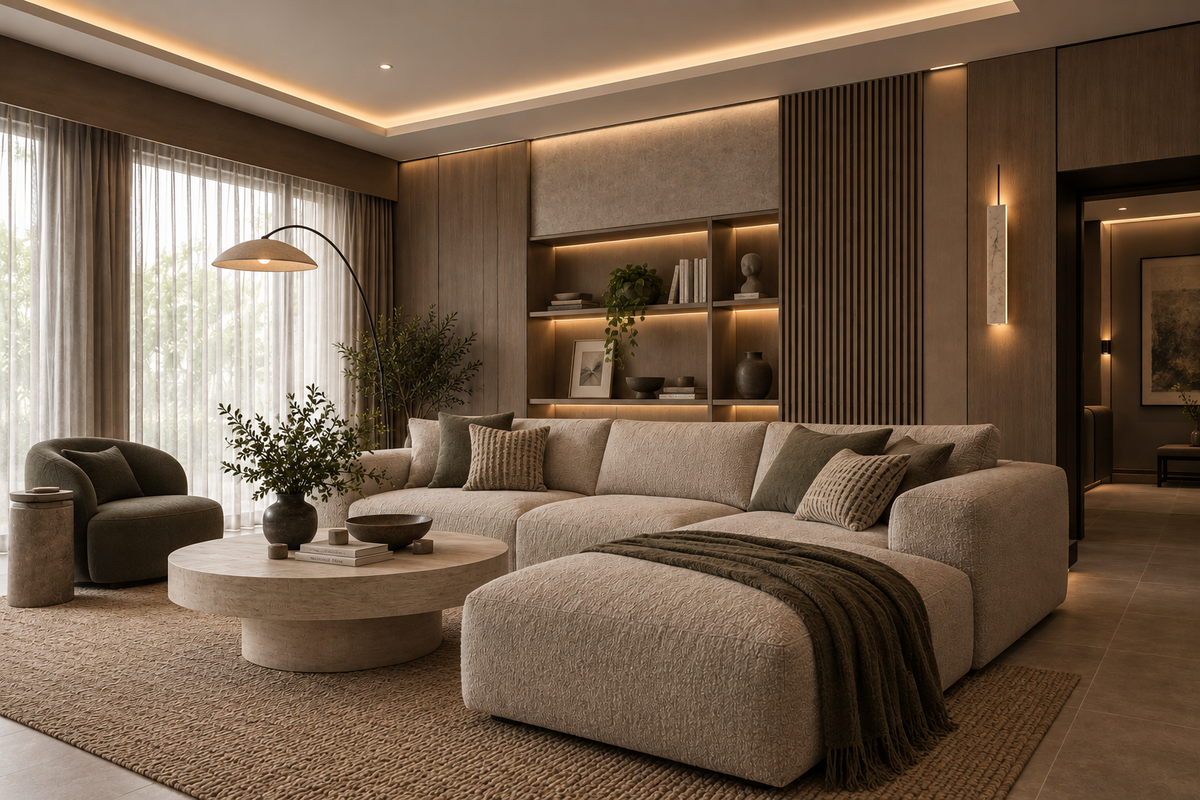 Damansara Heights lounge with a wide sectional and backlit shelving